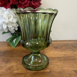 Vintage Indiana Glass Avocado Green Flared Pedestal Compote Vase Ribbed Bowl